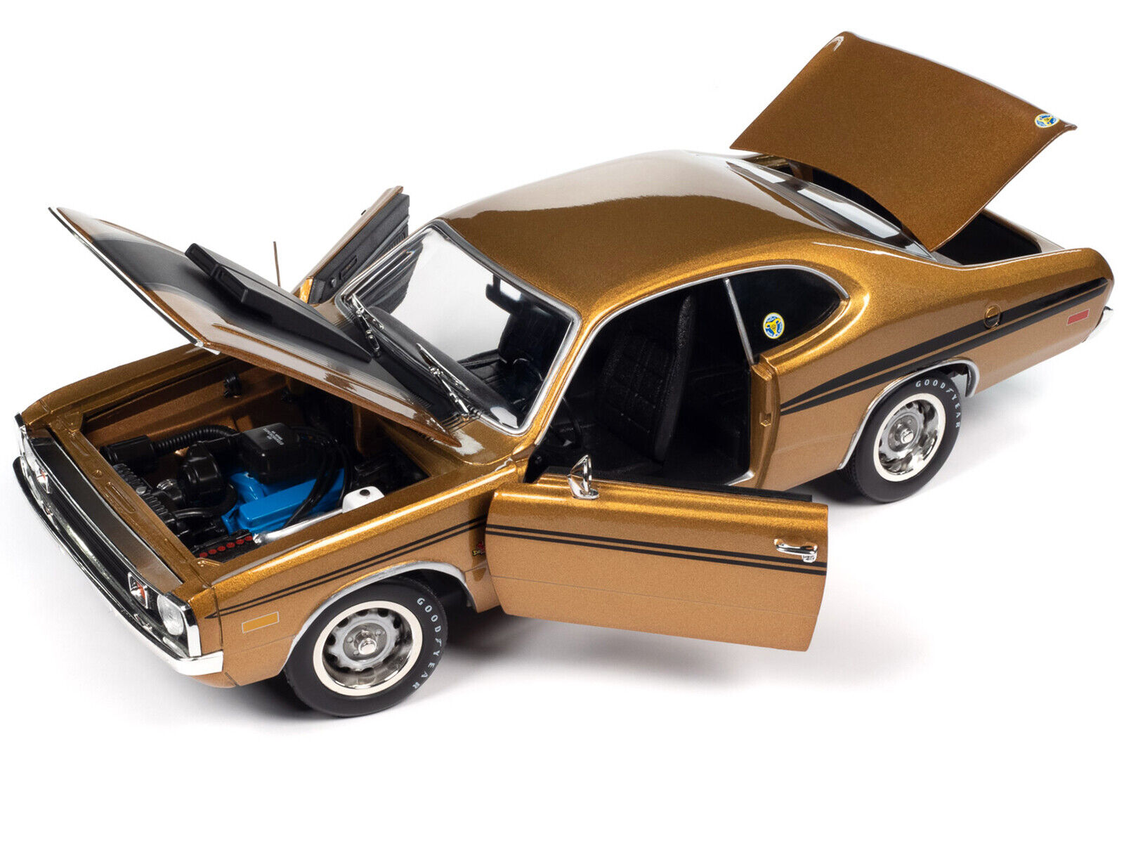 Mr Norm's 1972 Dodge Demon GSS SuperCharged Gold Metallic with Black Stripes and