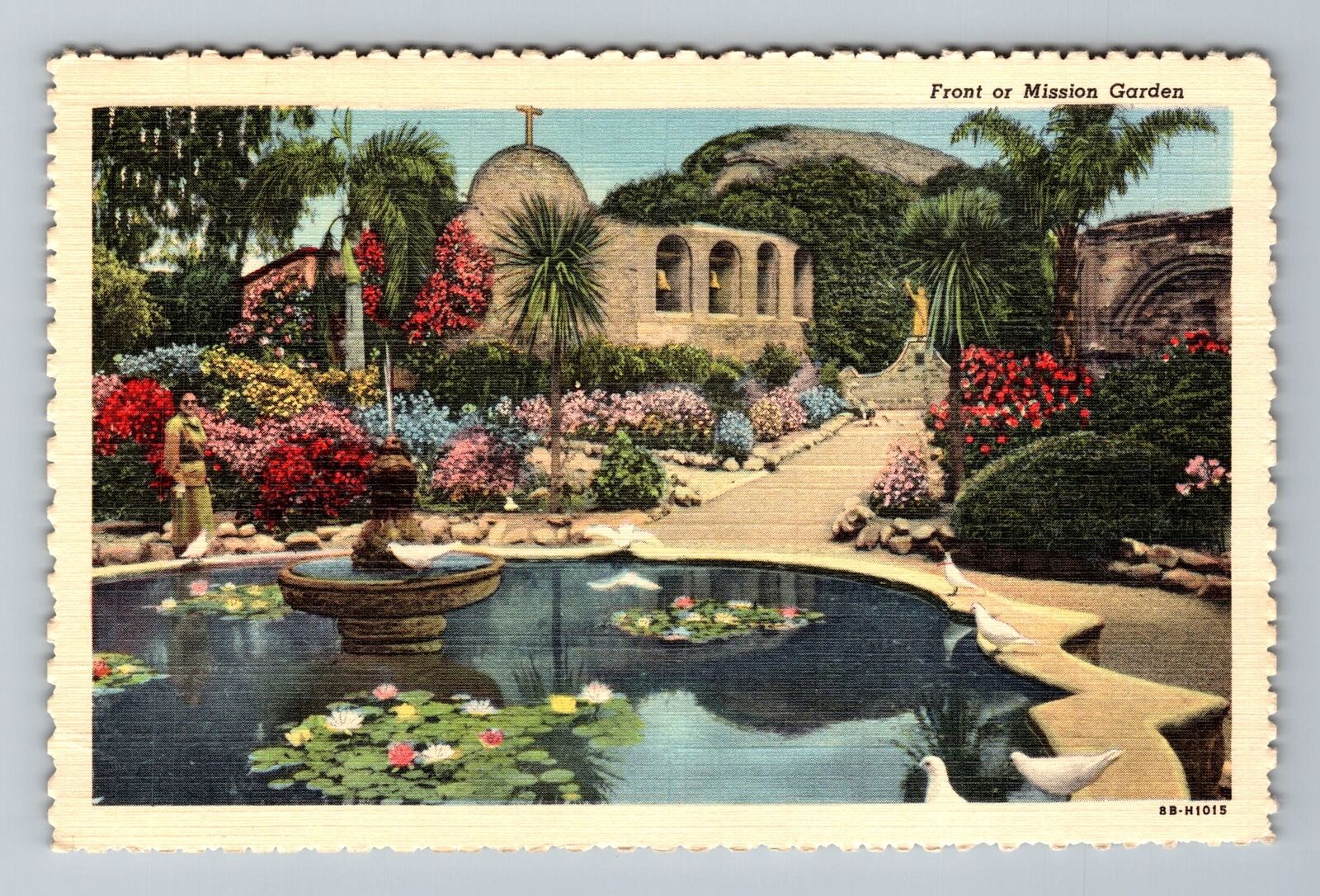 CA-California, Front or Mission Garden, Pond, Birds, Vintage Postcard