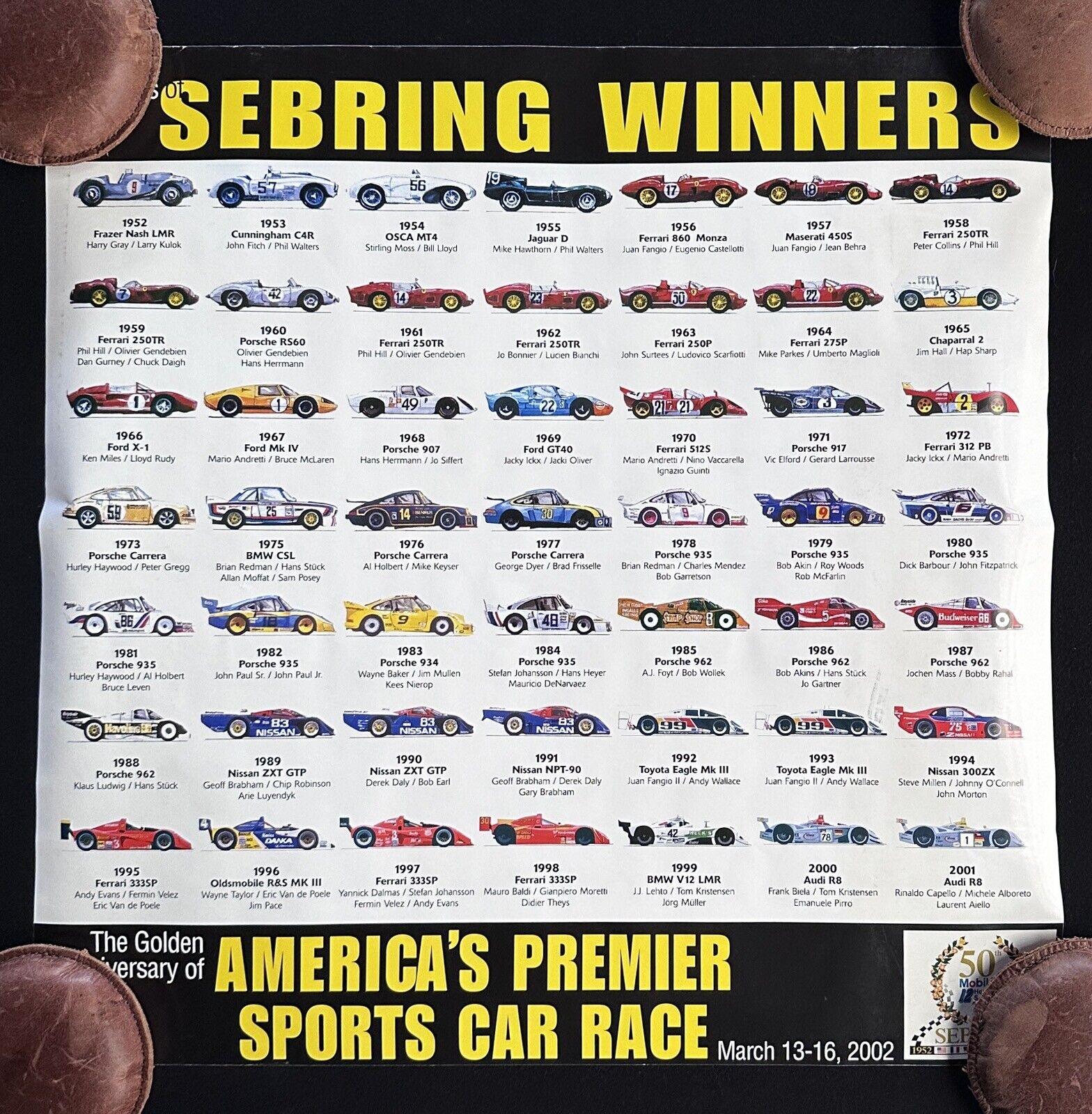 2002 50 Years of 12 Hours of Sebring Winners Poster 1953 Frazer Nash Audi R8 