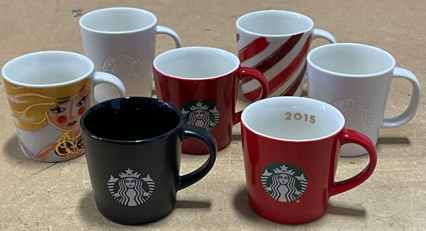 7x 2014 2015 Starbucks 3 oz Espresso Ceramic Cup Mug Xmas Mermaid Logo White Red