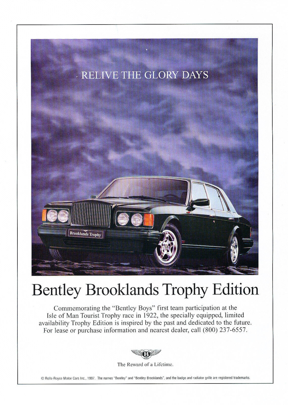 1997 Bentley Brooklands Trophy Edition Original Advertisement Car Print Ad J368