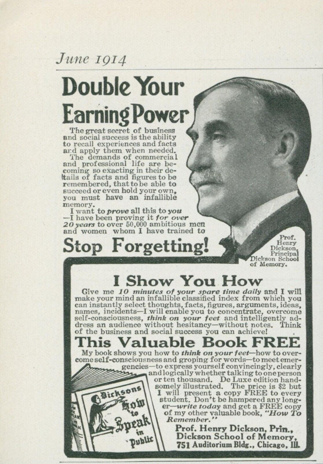 1914 Dickson Double Earning Power Stop Forgetting Book Offer Vtg Print Ad CO6
