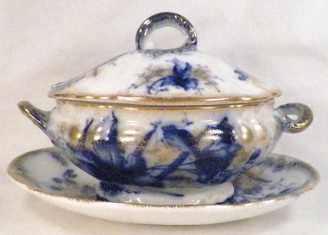 Flow Blue Orchid Tureen & Underplate John Maddock & Sons Small Antique 1900 #3
