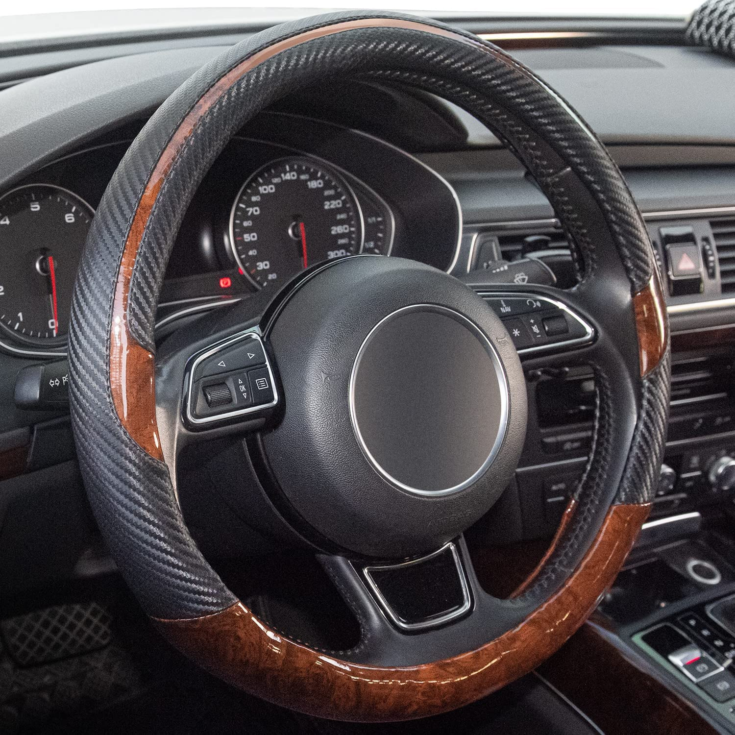 Wood Grain Steering Wheel Cover Black Universal Microfiber Leather, Suitable for