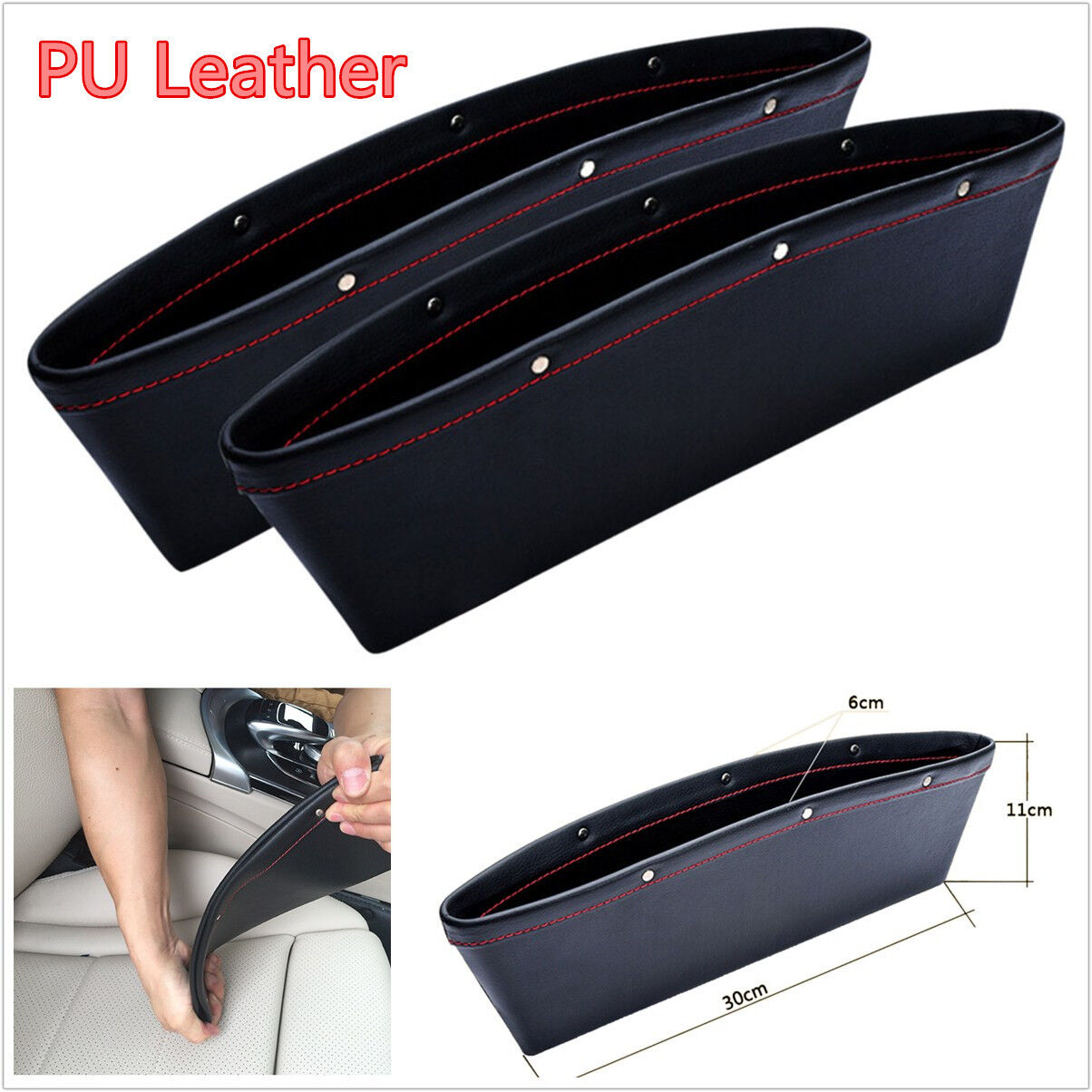 2 Pcs Black PU Leather Car Seats Catcher Gap Slit Pocket Storage Leak-proof Box 