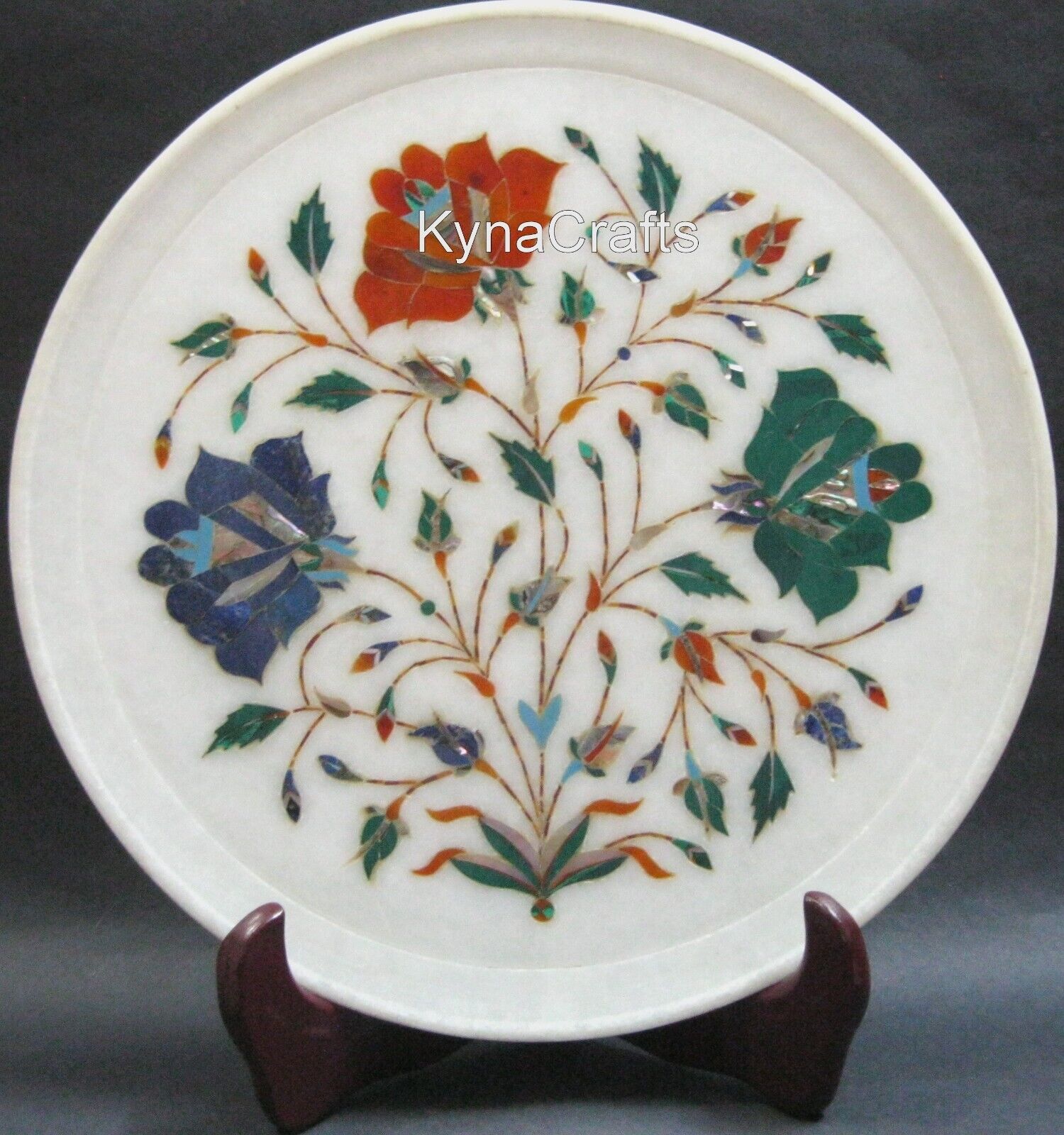 12 Inches White Marble Decorative Plate Semi Precious Stone Inlay Work Placemet