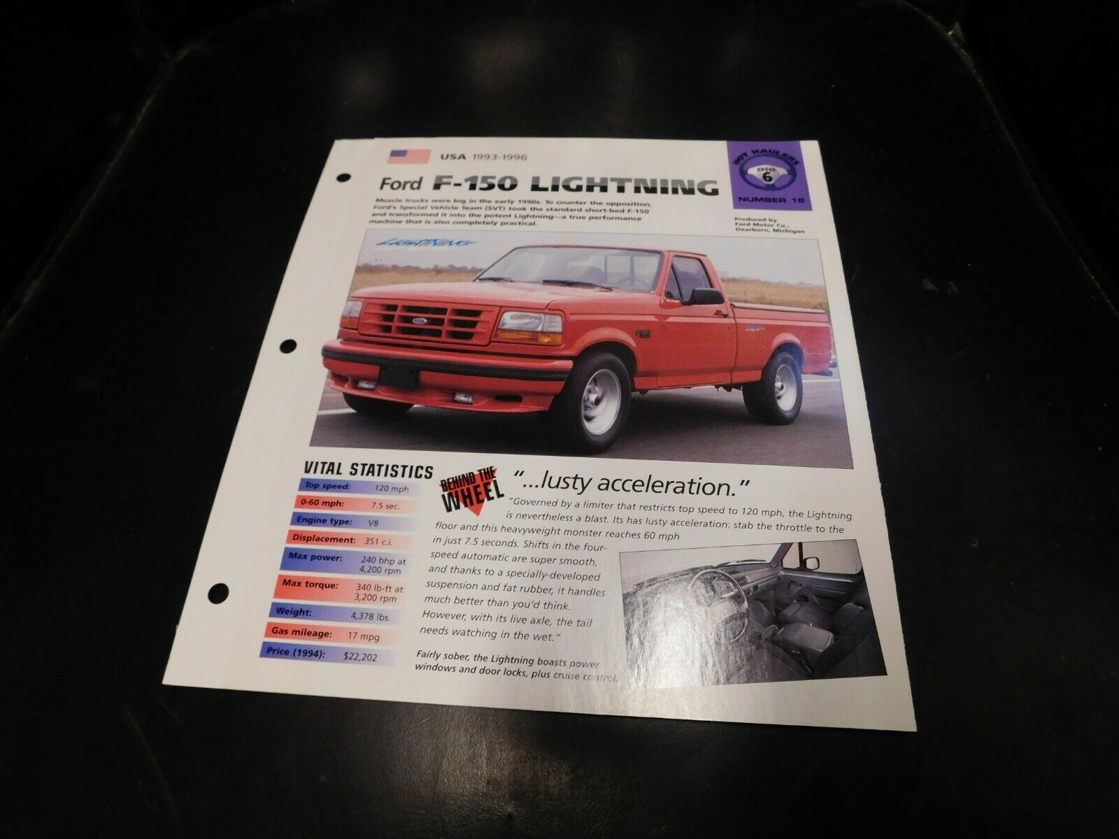 1992-1996 Ford F-150 Lightning Spec Sheet Brochure Photo Poster Literature 94 95