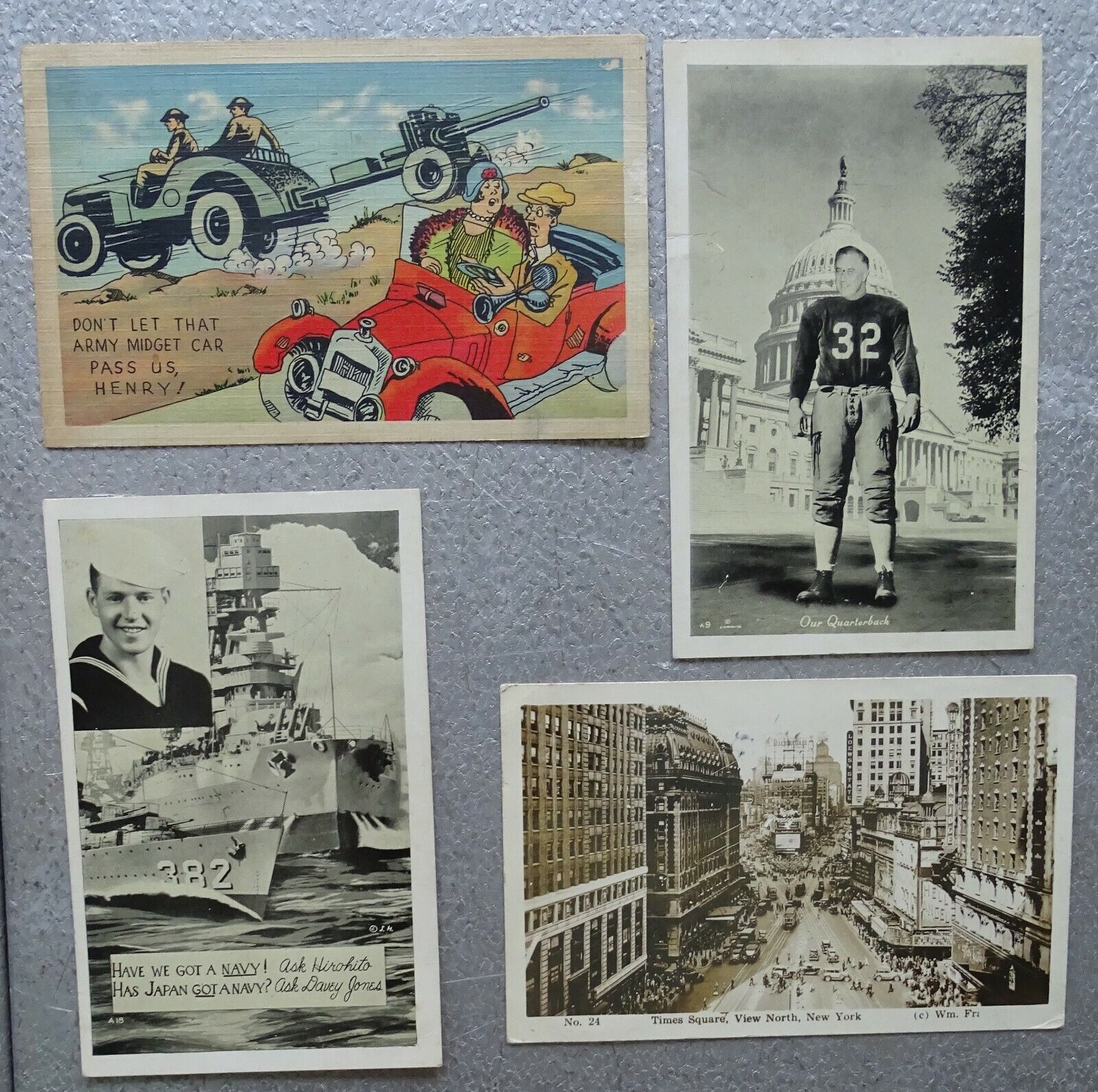 4 early 1940's WWII Postcards: FDR as QB, NAVY ask Hirohito, Times Square, etc. 