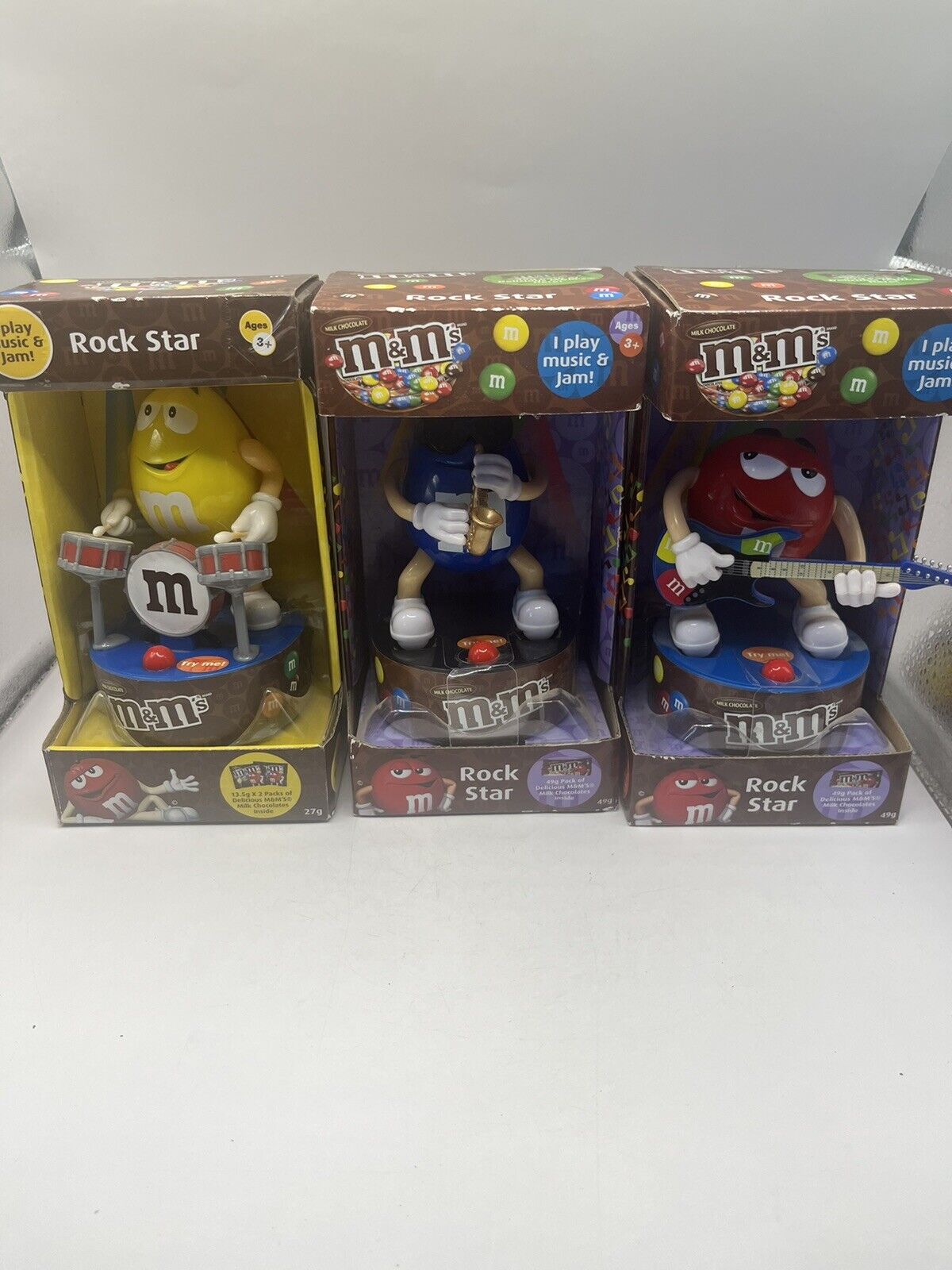 Set Of 3 M &M\'s Candy Dispensers 2014 Rock Stars In Box Confectionery Collect