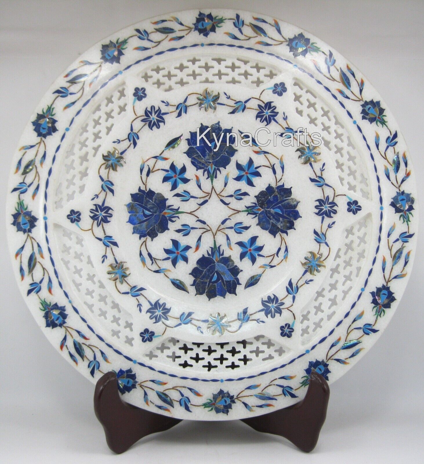 12 Inches White Marble Decorative Plate Filigree Work Table Master Piece for Bar