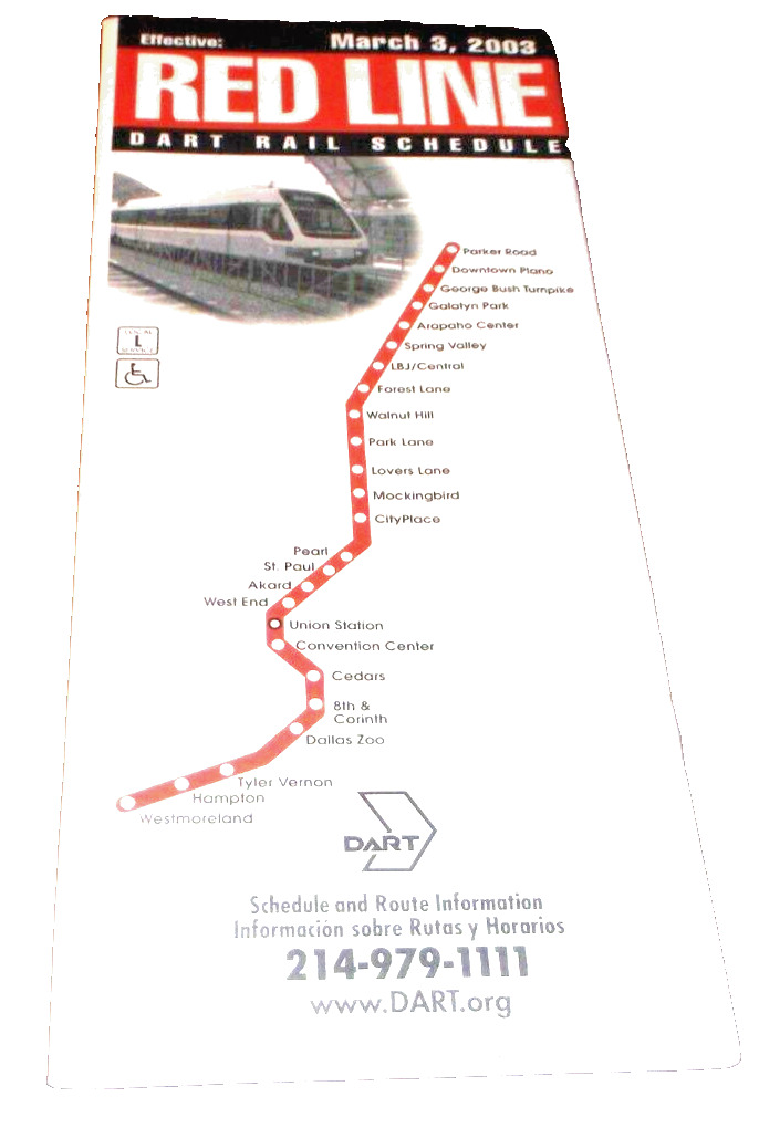 MARCH 2003 DART RED LINE RAIL SCHEDULE DALLAS TEXAS