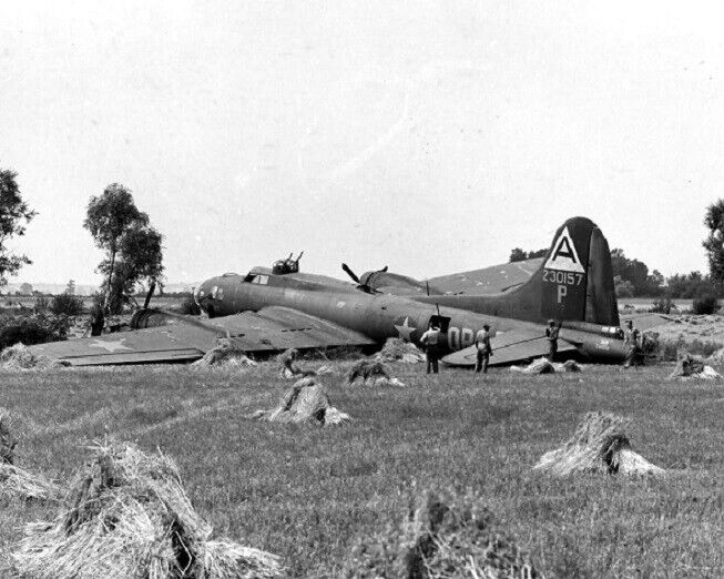 B-17 Flying Fortress Crash in Hay Field after Bomb Run WWII WW2 8x10 Photo 106b