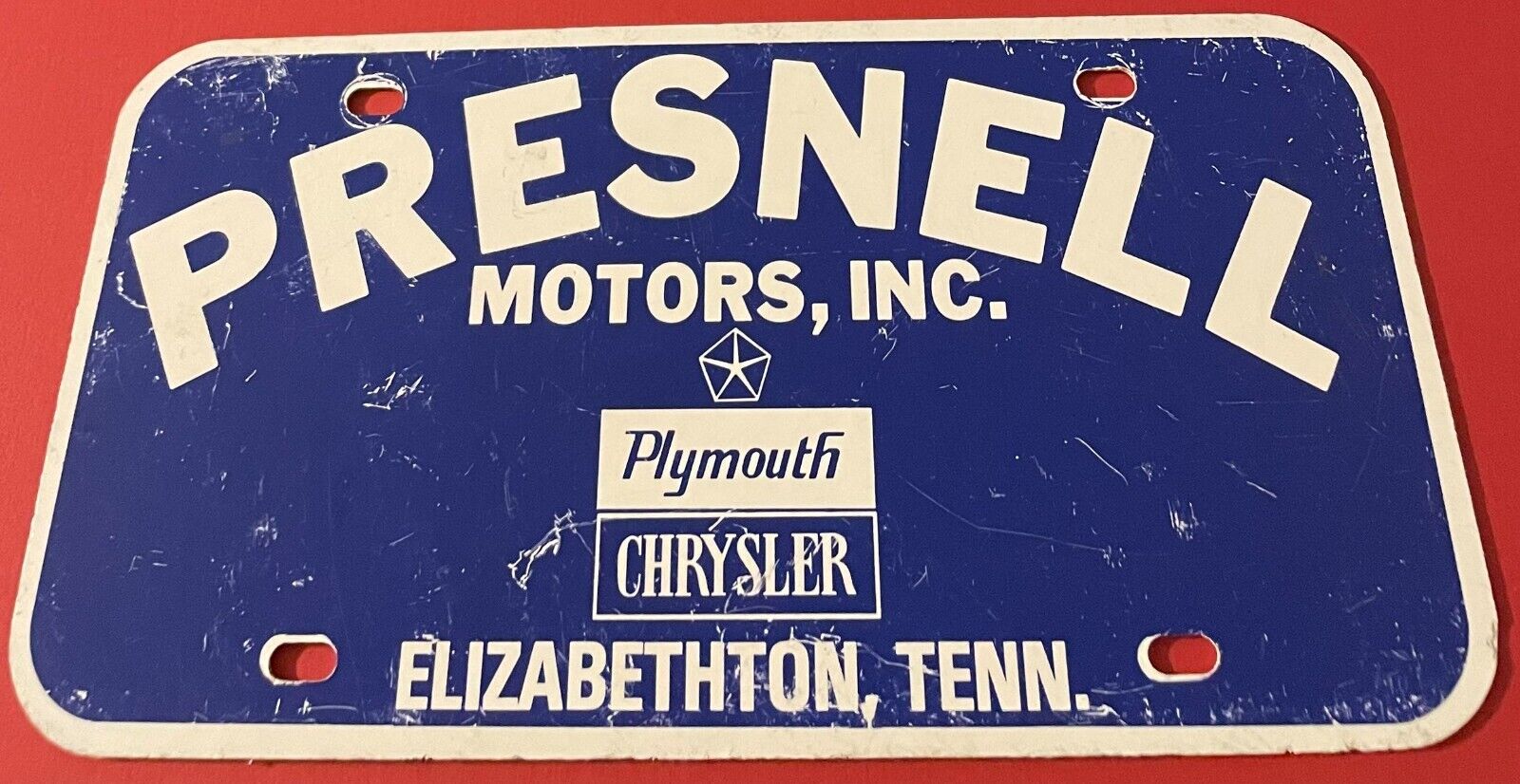Presnell Motors Plymouth Chrysler Booster License Plate Elizabethton FIBERGLASS