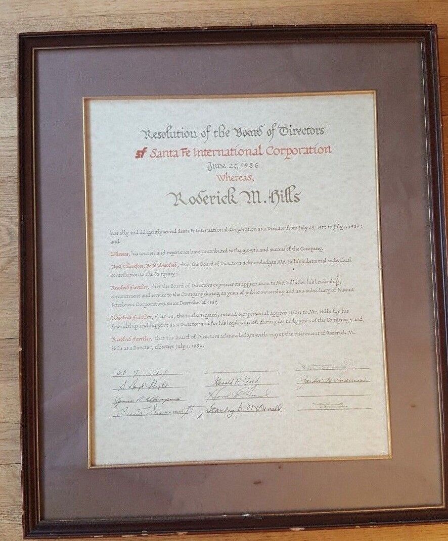 SANTA FE INT\'L CORP - SIGNED RETIREMENT CERTIFICATE / 1986 (Gerald Ford Sign)