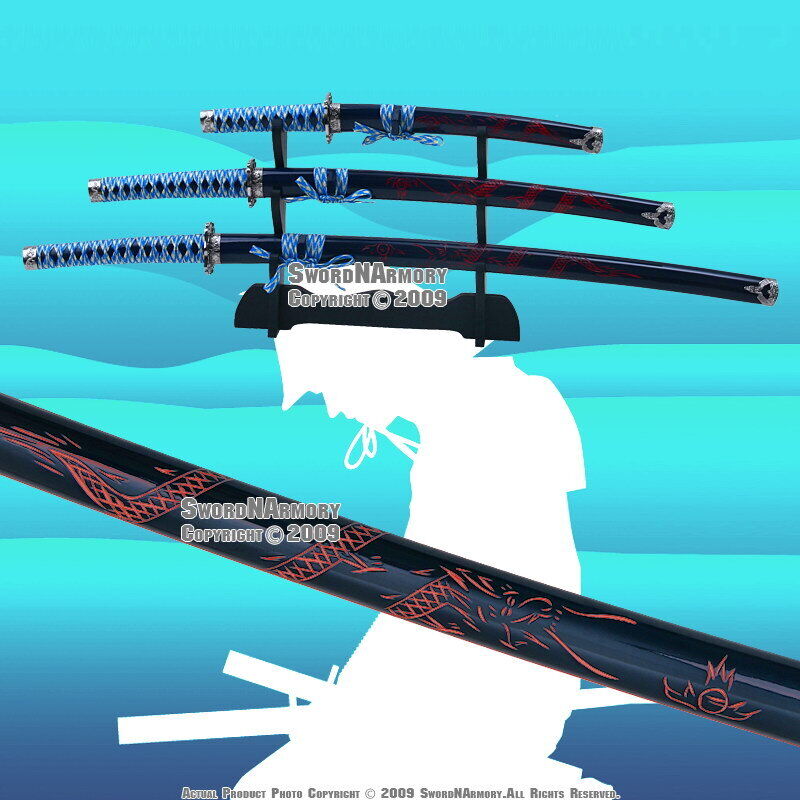 4 PCS Blue Classic Dragon Japanese Samurai Sword Set Katana Wakizashi Tanto Std