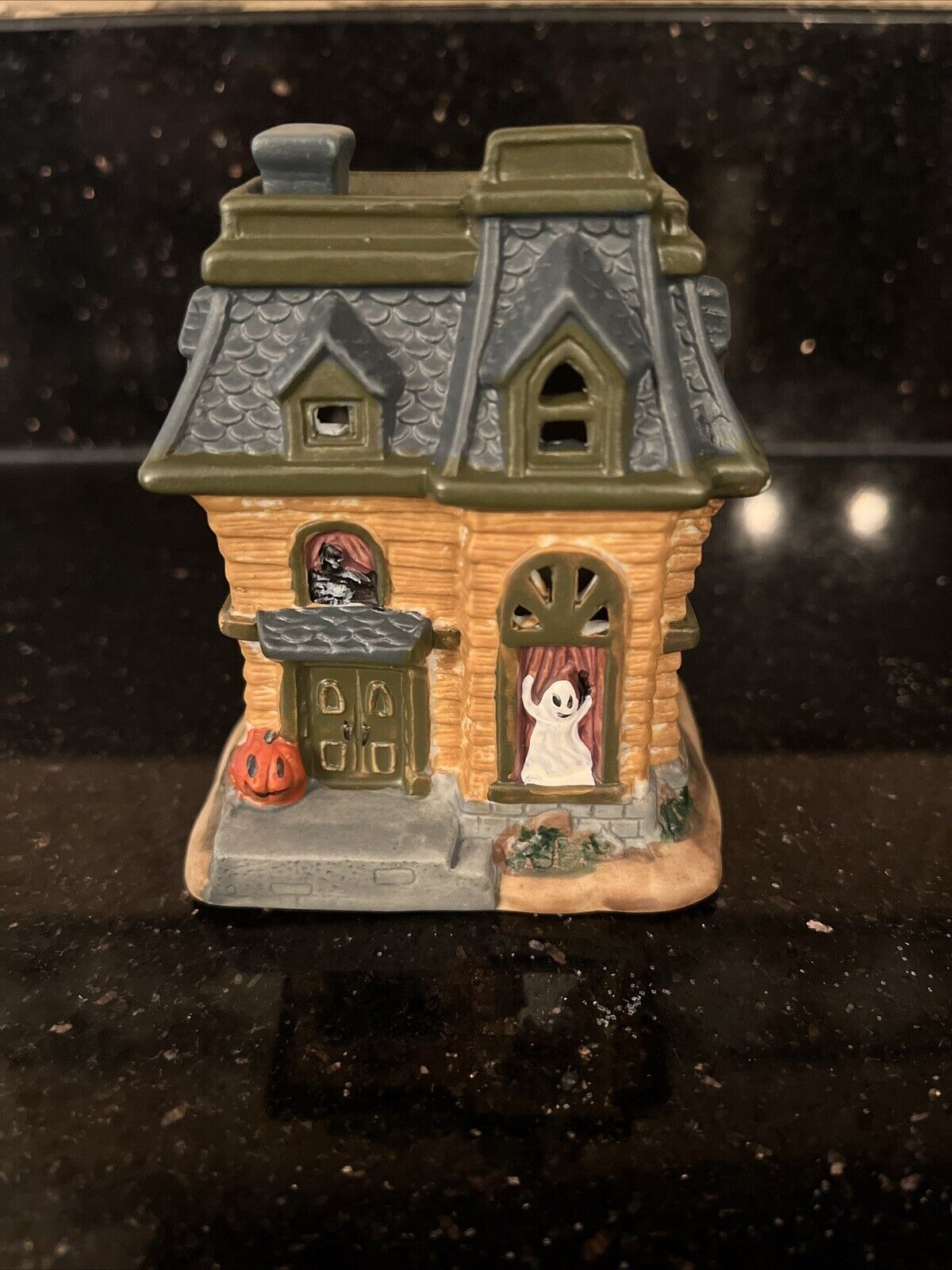 Haunted House Porcelain Village Light Up Halloween Ghost Jack o Lantern Skeleton