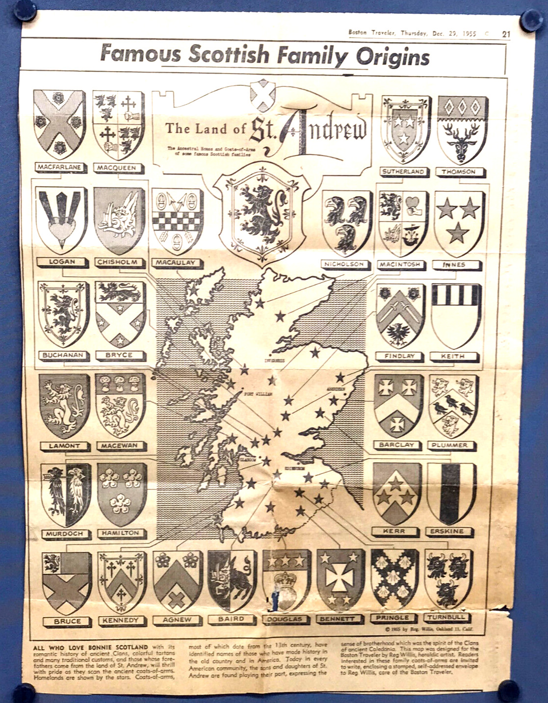 Vtg 1955 SCOTLAND CLANS Coat-of-Arms Map by Heraldic Artist REG WILLIS Scottish