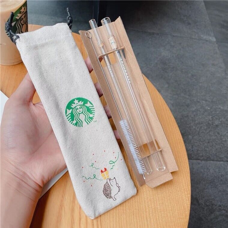 2pcs NEW Starbucks Hedgehog Reusable Glass Straw set w/ Straw brush Canvas Bag