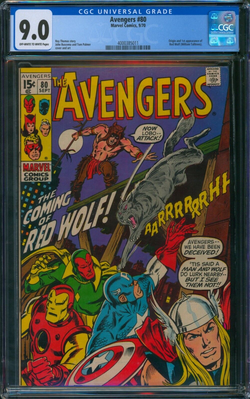 Avengers #80 ⭐ CGC 9.0 ⭐ 1st Appearance of RED WOLF Marvel Comic 1970