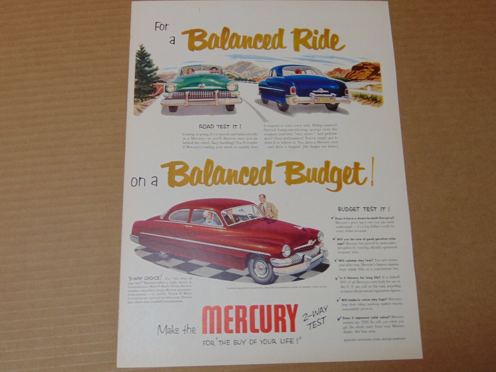 1951 MERCURY Balanced Ride Balanced Budget vintage art print ad 