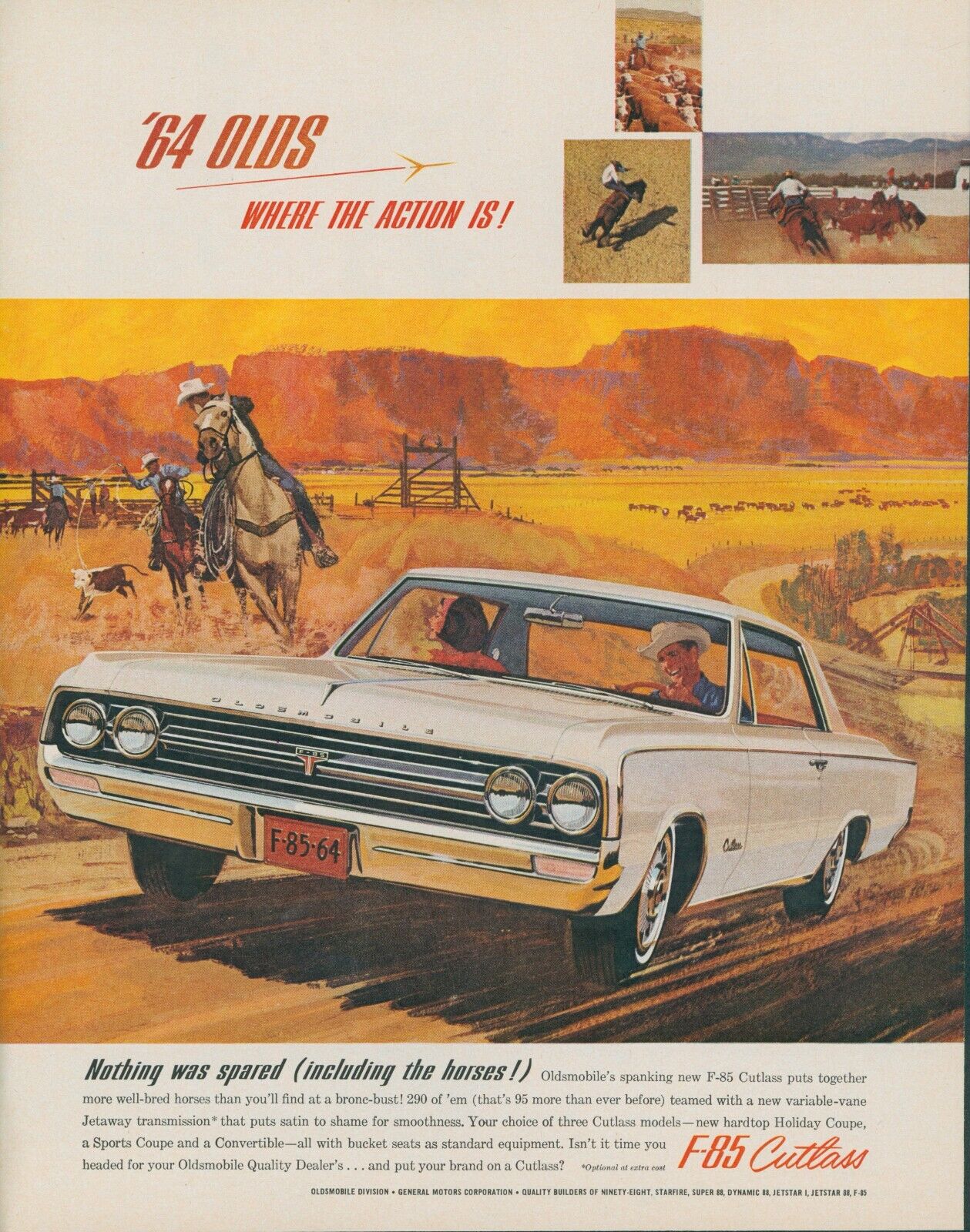 1963 1964 Oldsmobile F-85 Cutlass Cowboy Roping Calf Horse Vintage Print Ad LO8