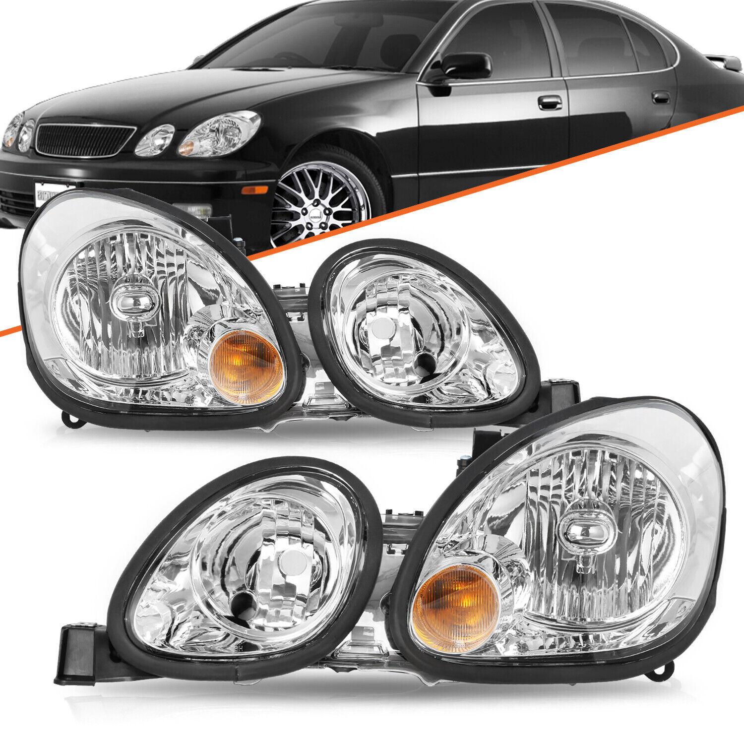 Headlight For 1998-2005 Lexus GS300 GS400 GS430 Projector Halogen Chrome pair
