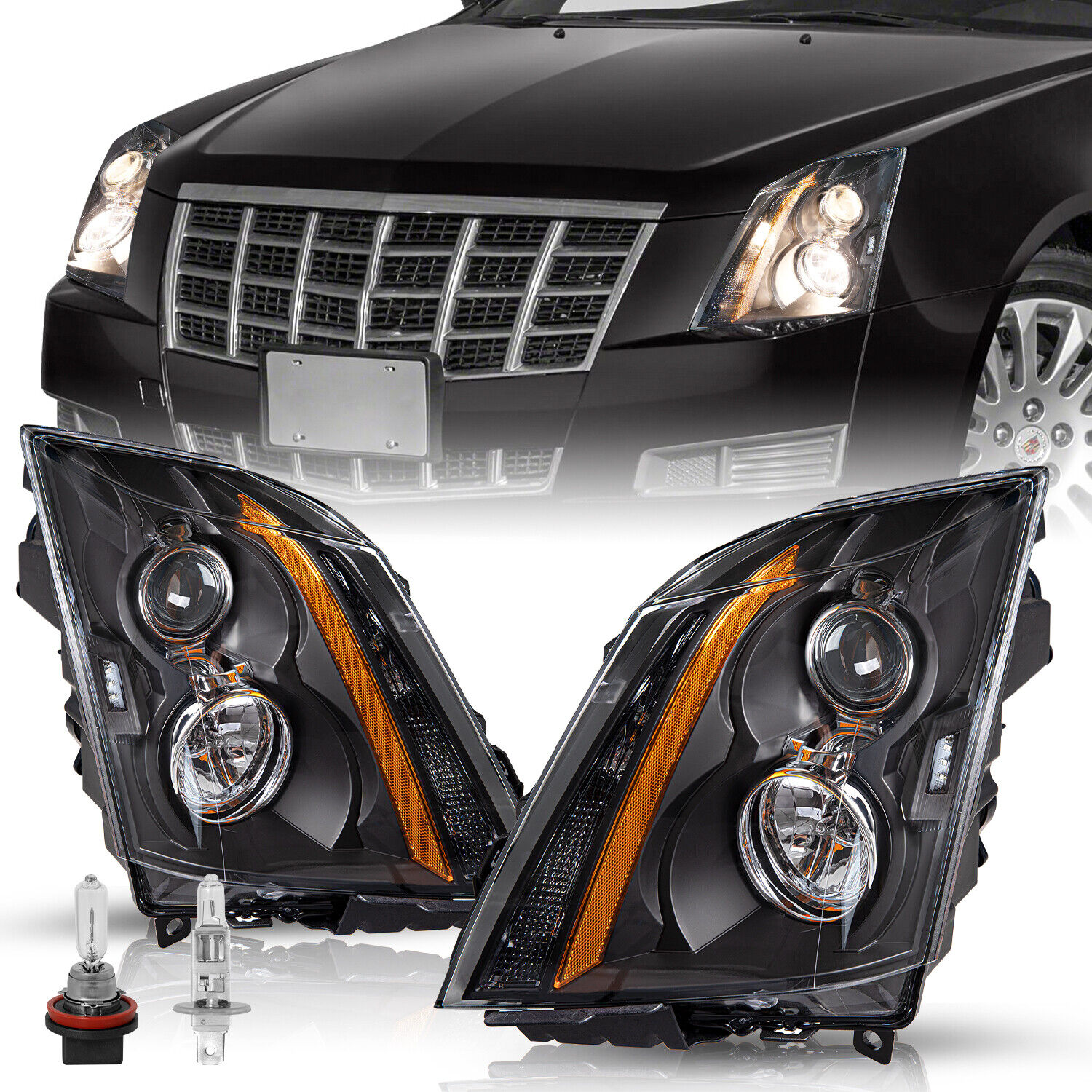 For 2008-2014 Cadillac CTS CT-S Black Halogen Headlights Lamps LH+RH Pair