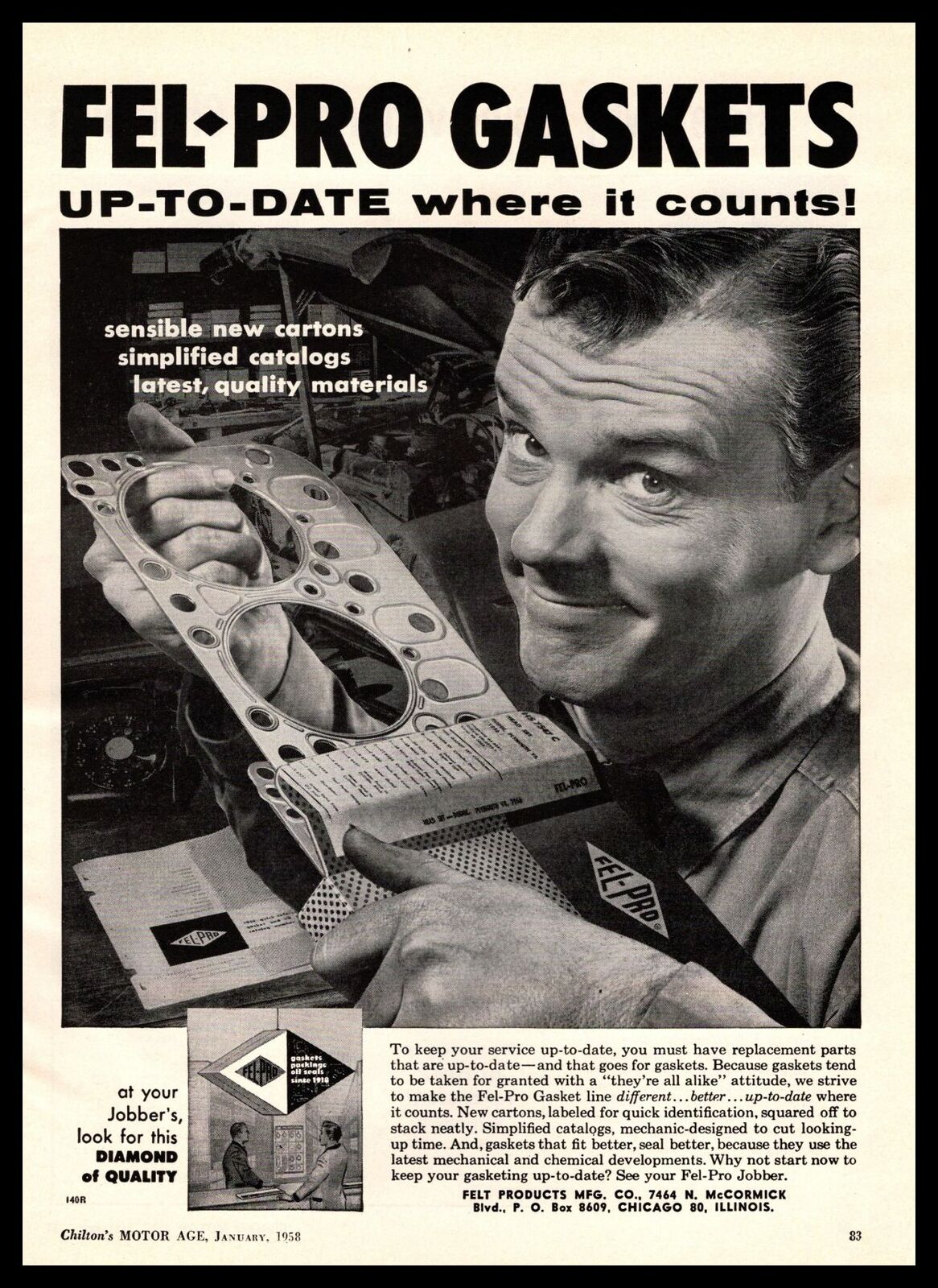 1958 Fel-Pro Engine Gaskets Felt Products Mfg. Co. Chicago Illinois Print Ad