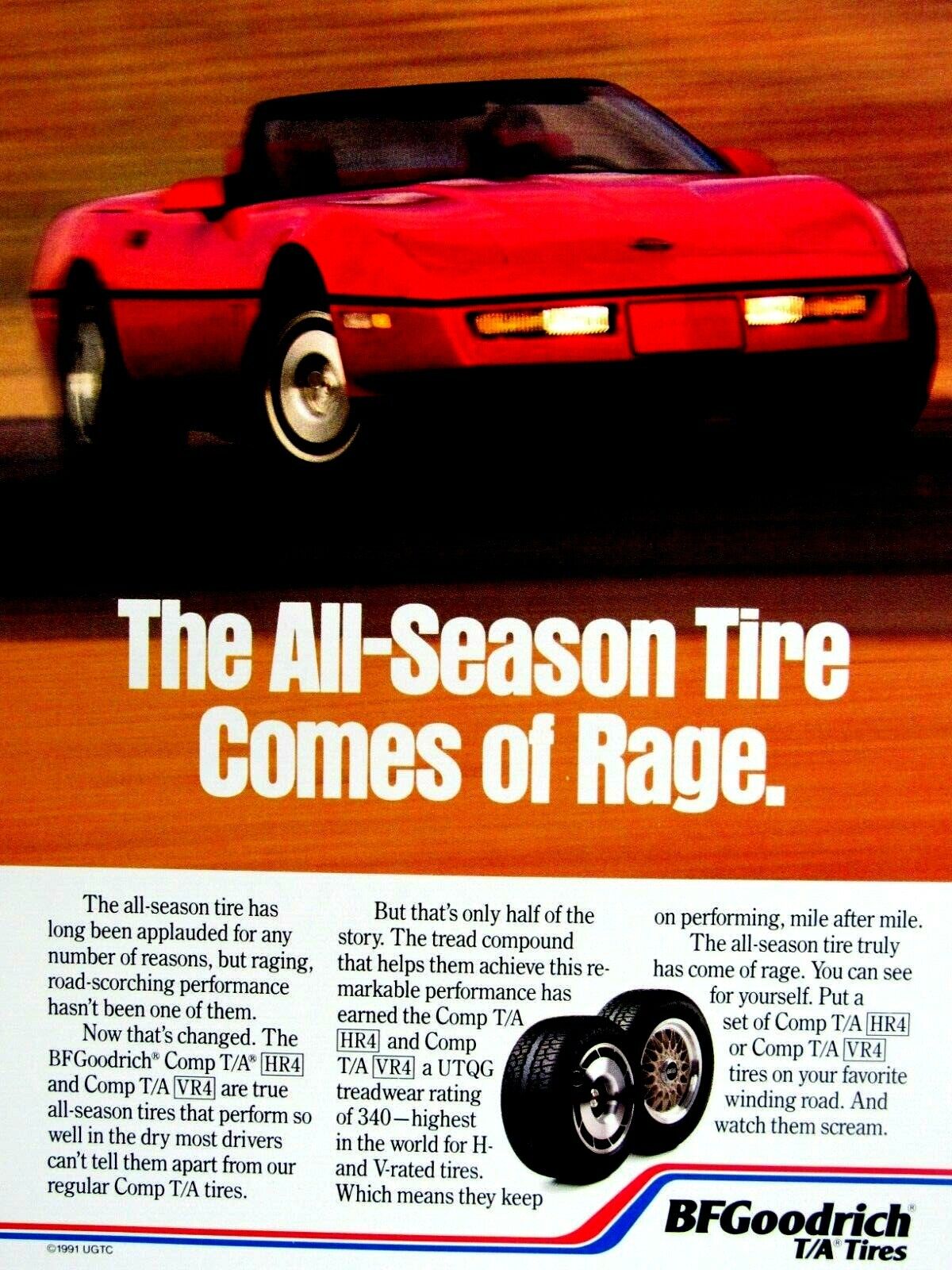 1991 Chevrolet Corvette Convertible BF Goodrich Original Print Ad 8.5 x 11 \