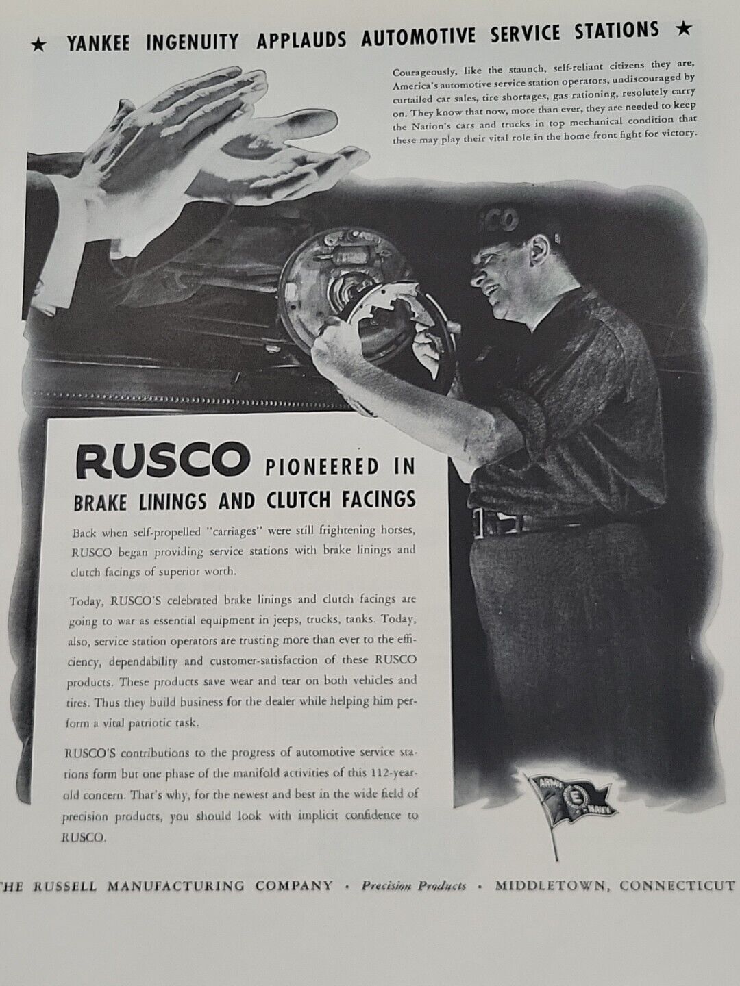 1943 Russell Manufacturing RUSCO Fortune WW2 Print Ad Brake Linings Clutch