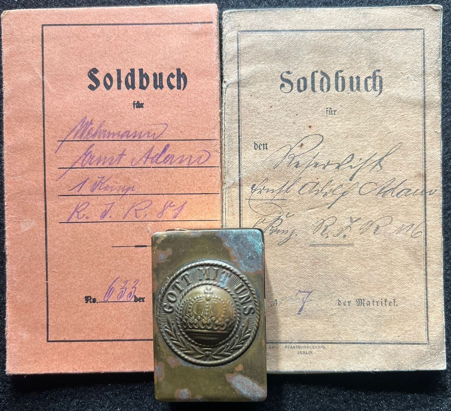 WWI German Original Soldbuch ADAM R Inf Reg 116 West Front Buckle Matchbox