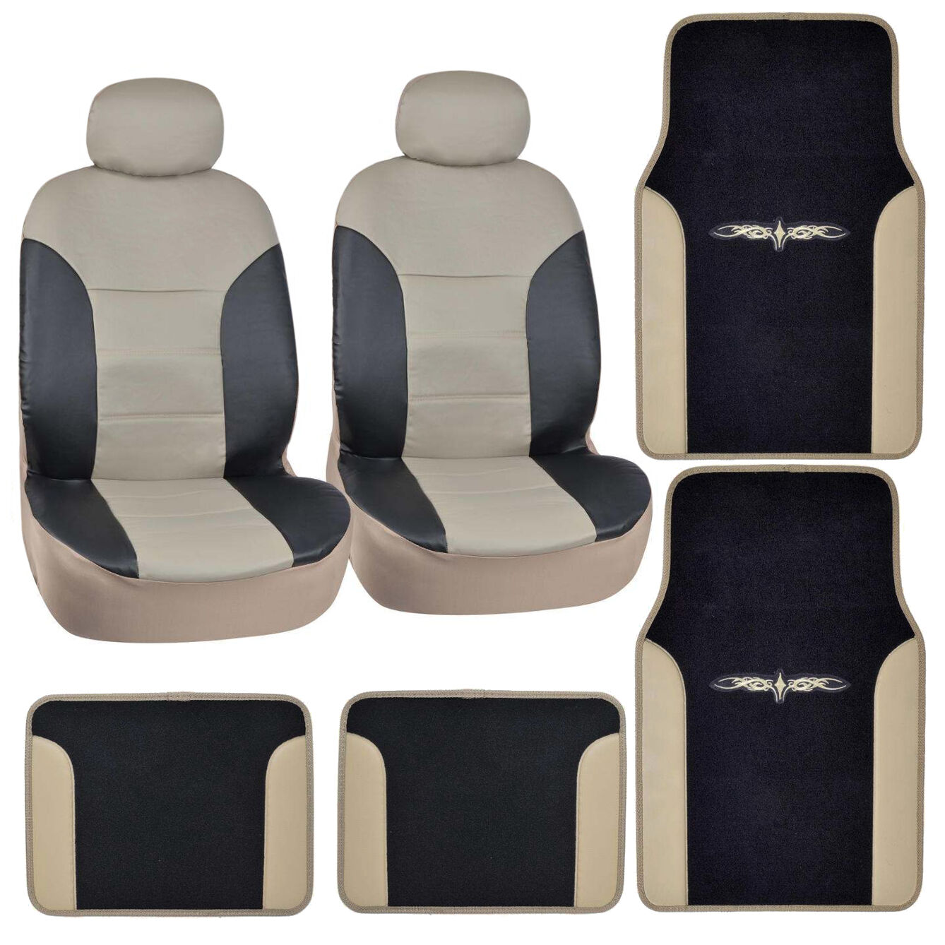 Black & Beige Synthetic Leather Car Seat Covers w/ Vinyl Trim Carpet Floor Mats