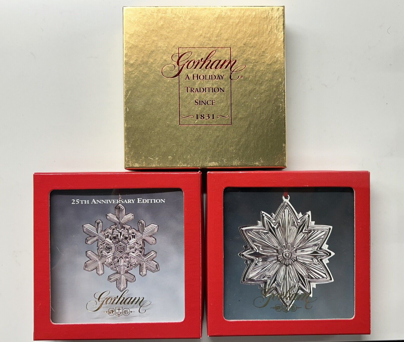 1993, 1994 & 2005 BOXES FOR Gorham Ornaments, 2-Felt Pouches & Ribbons