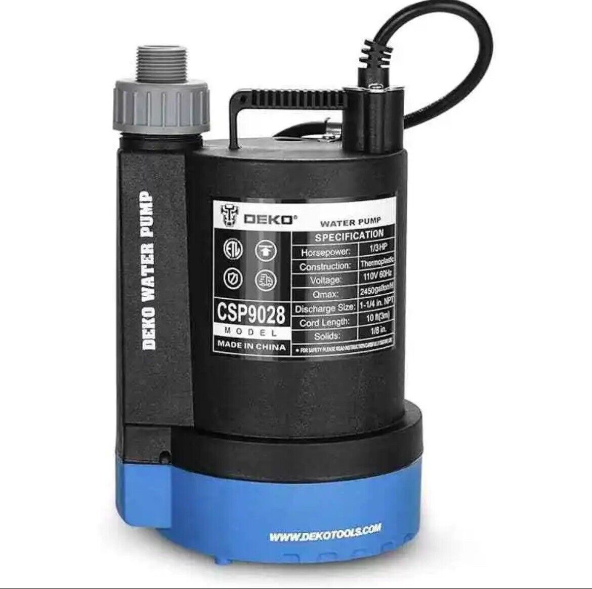 DEKOPRO Submersible Water Pump 1/3 HP 2450GPH Utility Pump Thermoplastic 