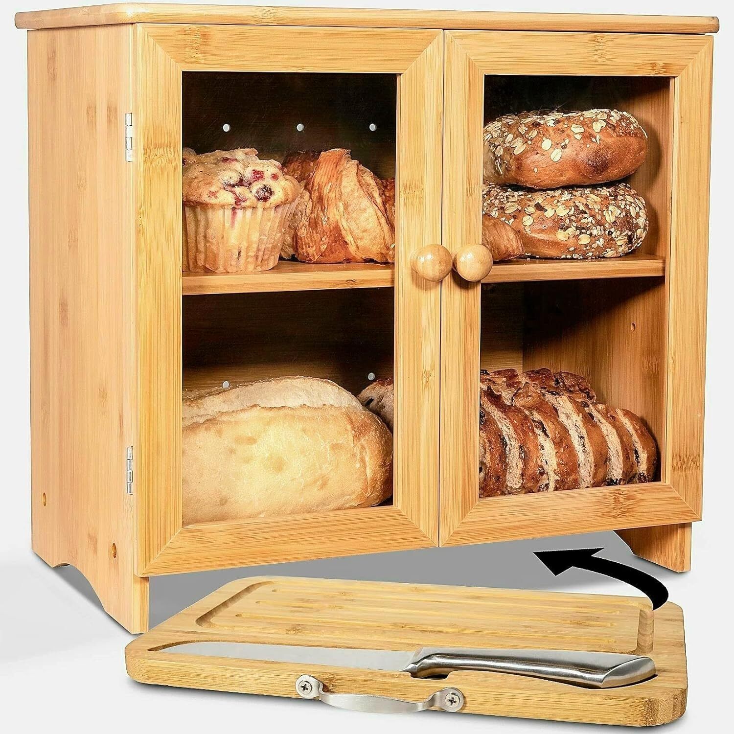 Large Bread Box for Kitchen countertop, Cutting Board, and  Bread Knife