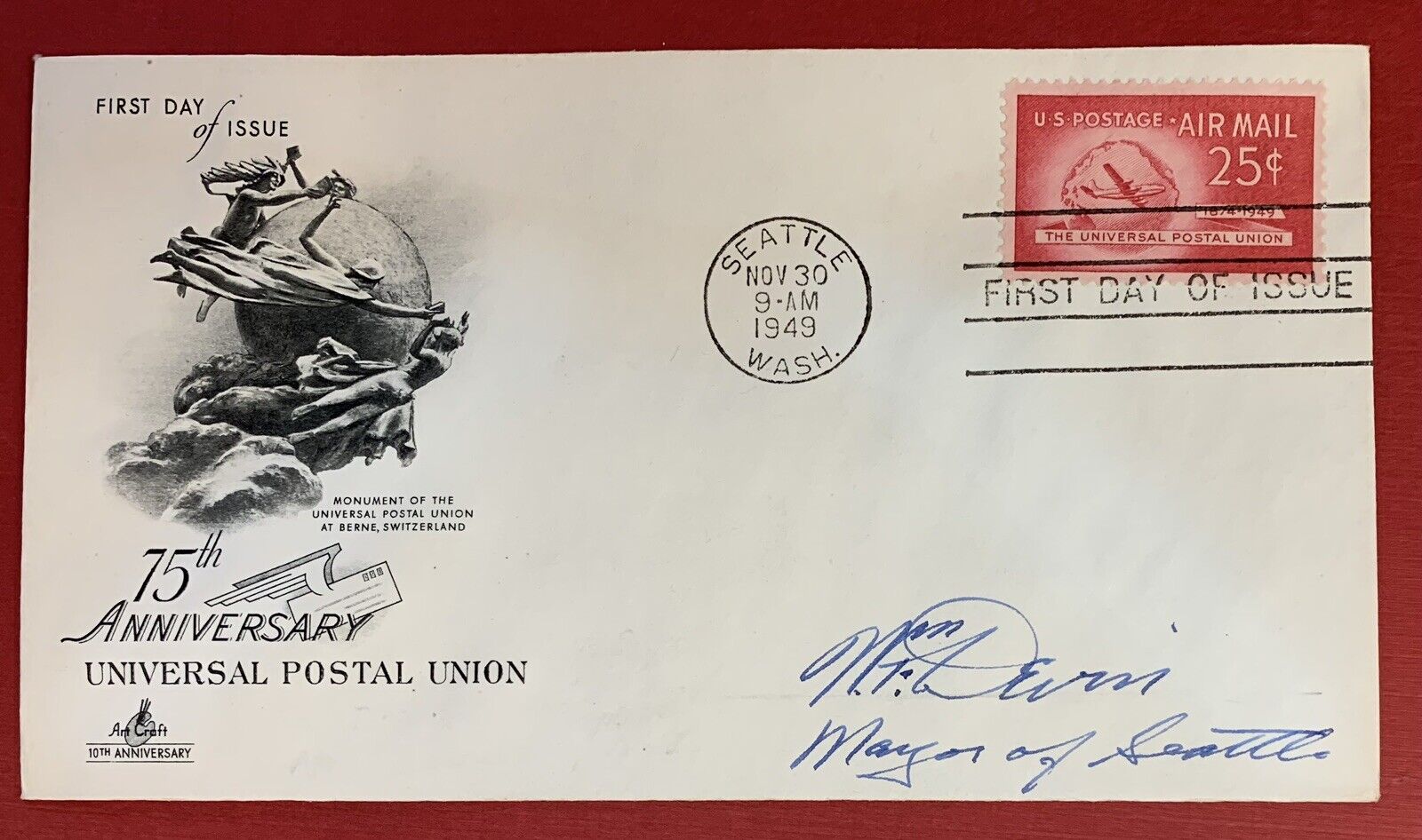 William F. Devin, Mayor of Seattle, Autograph on Scott #C44 First Day Cover