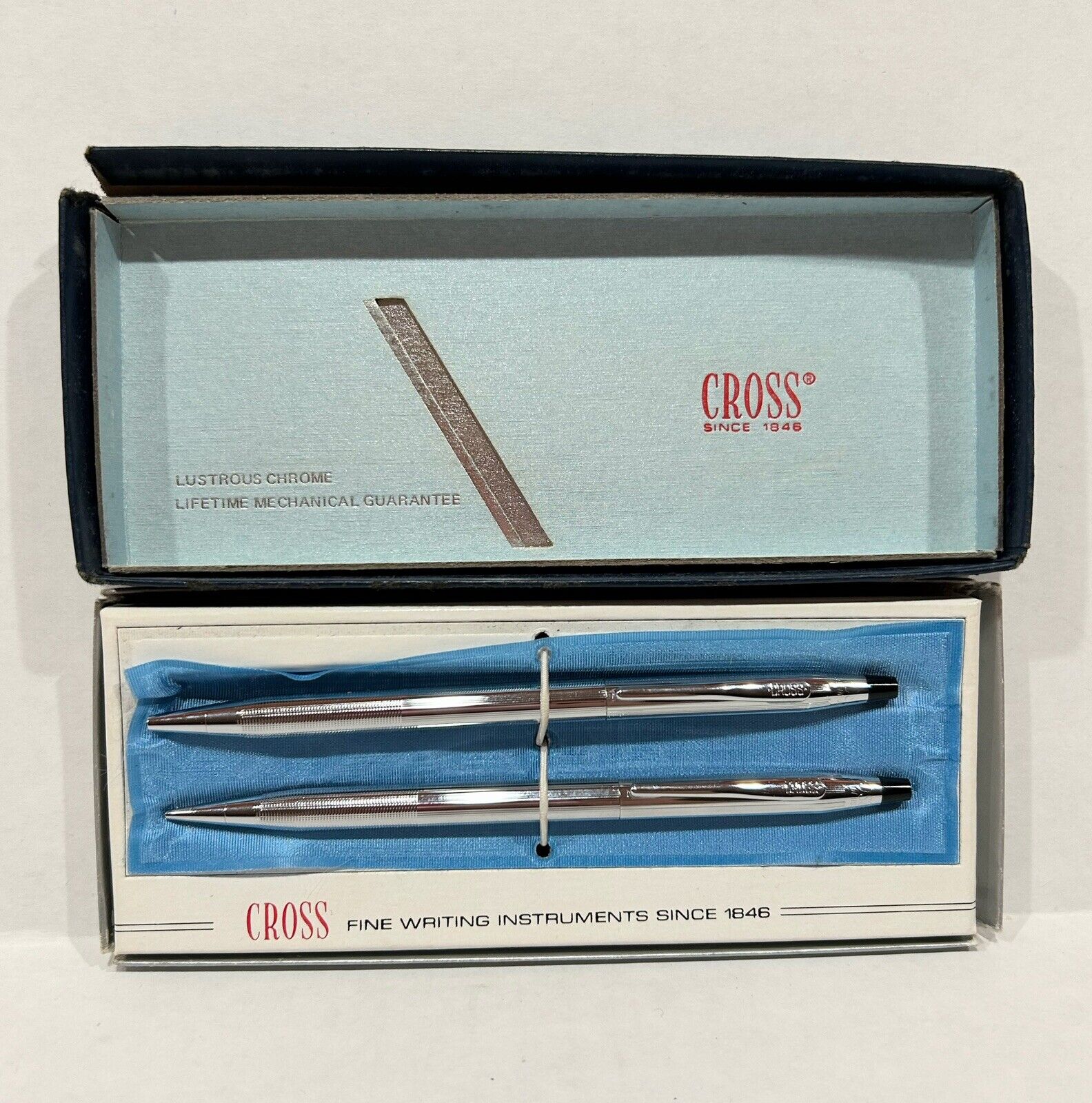 Vintage CROSS Chrome Ball Point Pen Mechanical Pencil Set 3501 Wear To Box