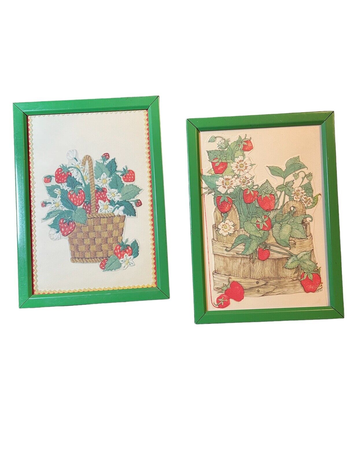 Pair (2) 5x7” Vtg Strawberry Framed Greeting Card Cutout Green Metal  Cottage