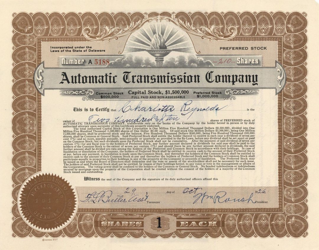 Automatic Transmission Co. - Stock Certificate - Automotive Stocks