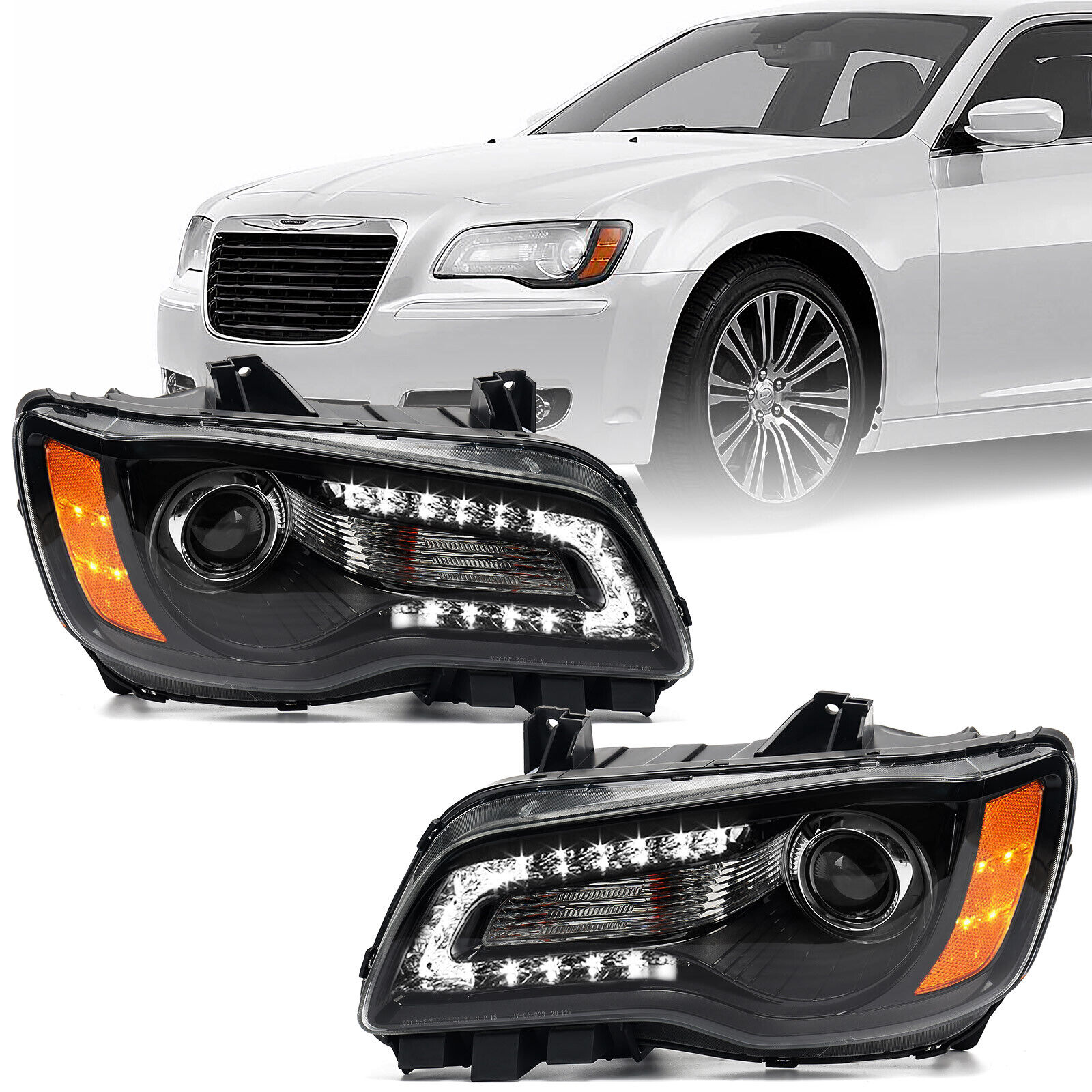 2P Headlights For 2011-2014 Chrysler 300 Black LED DRL Halogen Healamp Assembly