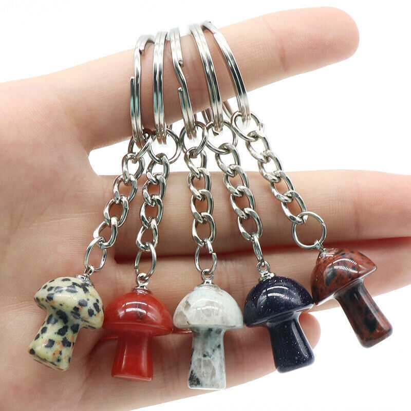 20PCS Color Mushroom Stone Gem Stone Crystal Keychain Key Ring Natural Healing