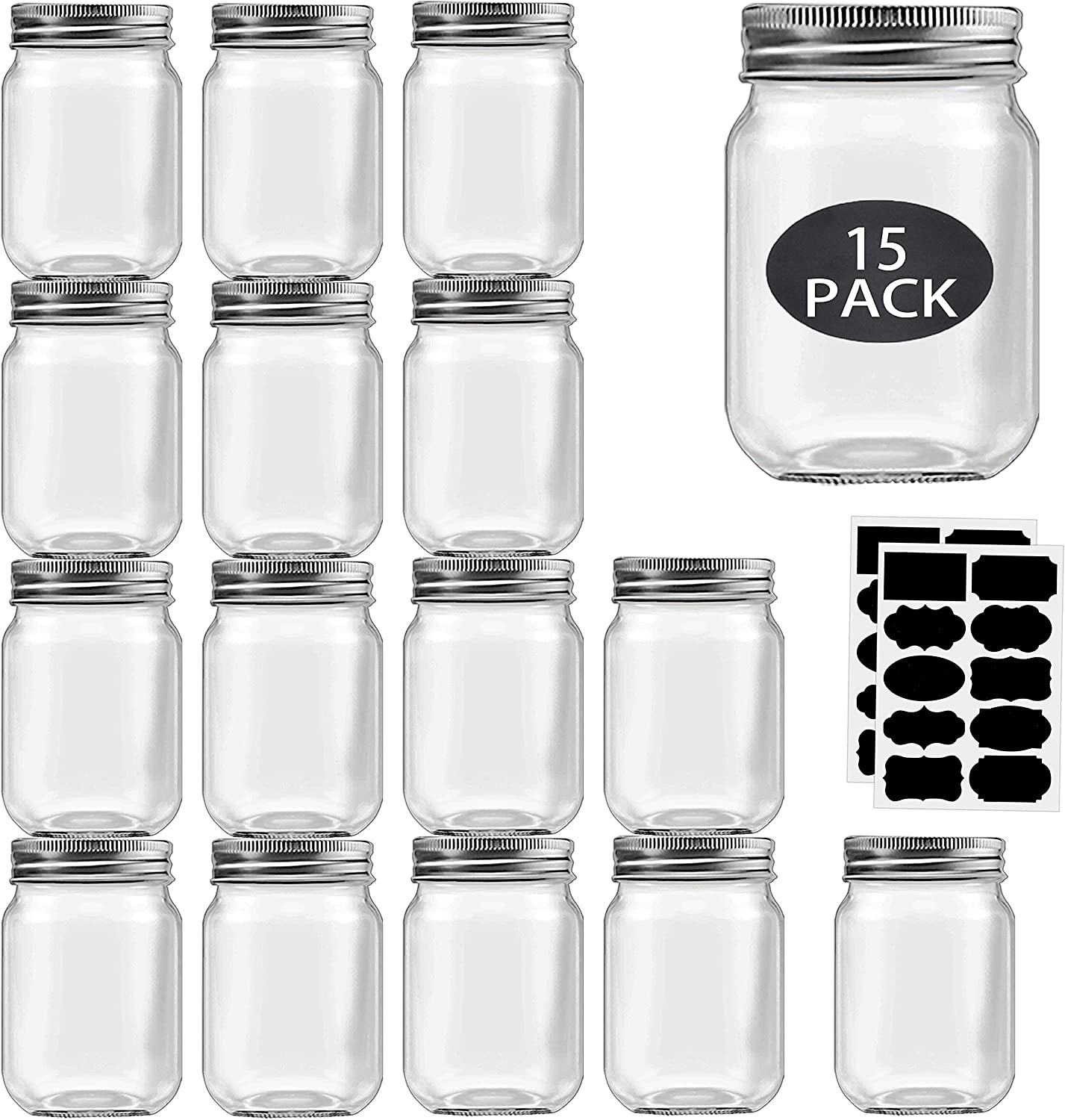 16 Oz Mason Jars with Lids Regular Mouth 15 Pack-16 Oz Glass Jars with Lids,Bulk