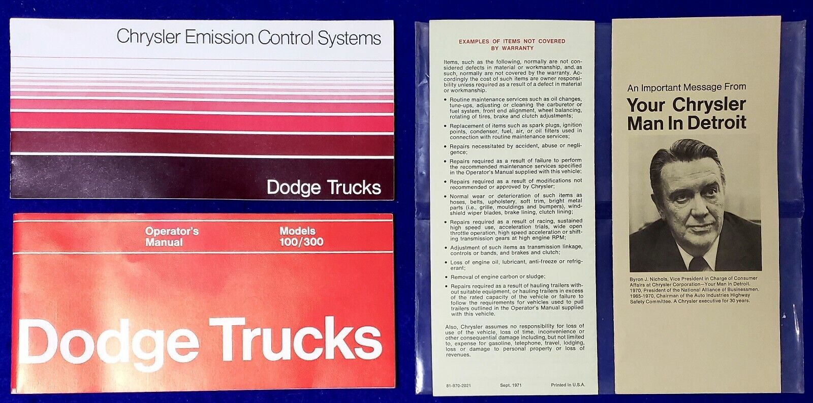1971 72 Dodge Trucks Van Models 100 300 Operator's Owner's Manual & More
