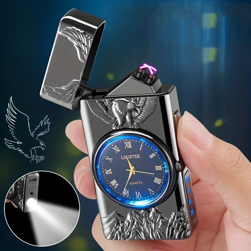 1pc Double Arc Lighter Embossed Eagle Cool Real Dial LED Lighting Charging Ignit