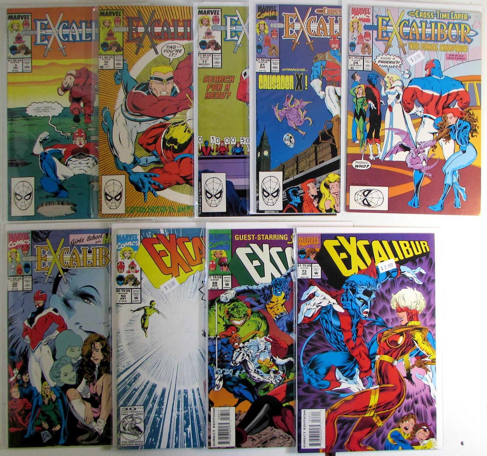 Excalibur Lot of 9 #3,10,17,21,24,32,50,68,73 Marvel (1988) 1st Print Comics