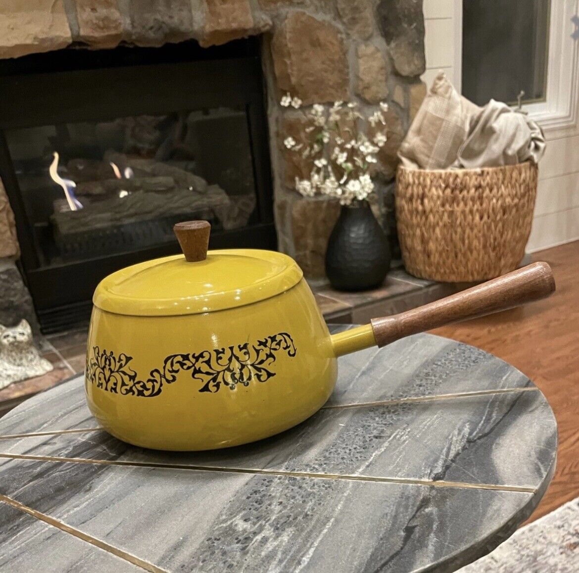 Vintage Mid-Century Enamel Saucepan Fondue Pot w/ Wood Handle Yellow MCM Japan