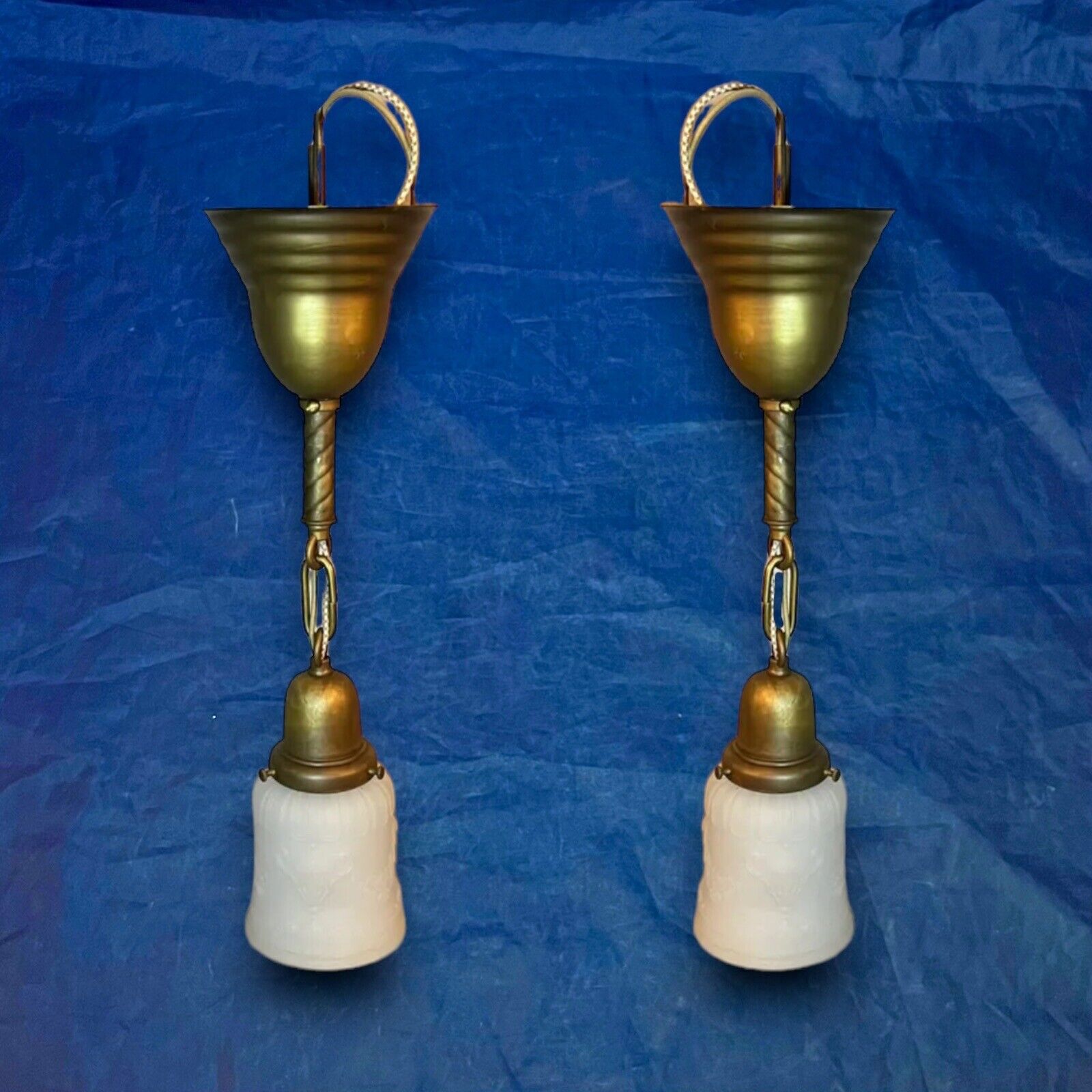 Pair Brass Pendant Light Fixtures Heavy White Glass Shades 32B