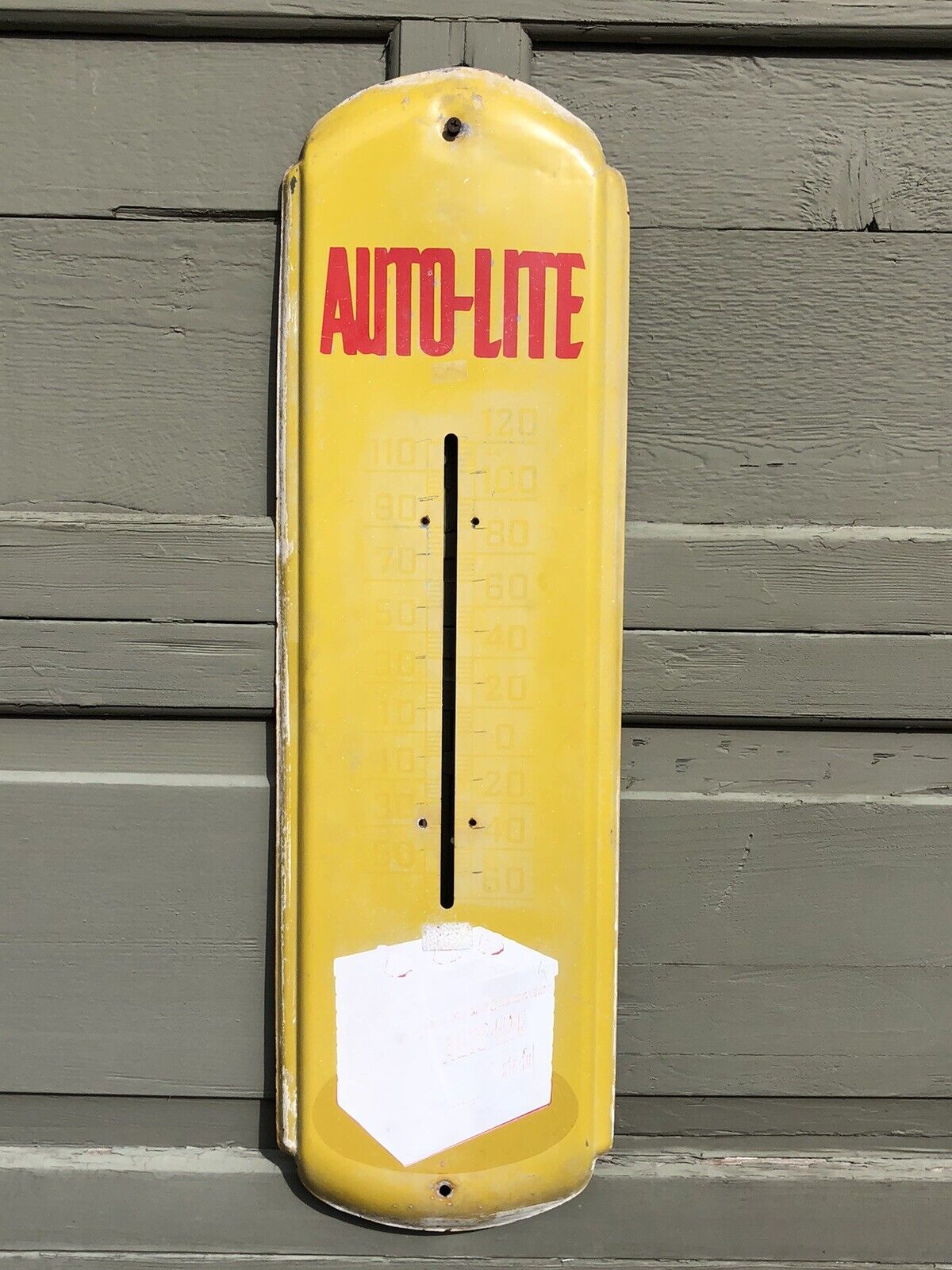 Old Vintage Auto-Lite Battery Thermometer Sign Yellow Patina Metal Ford