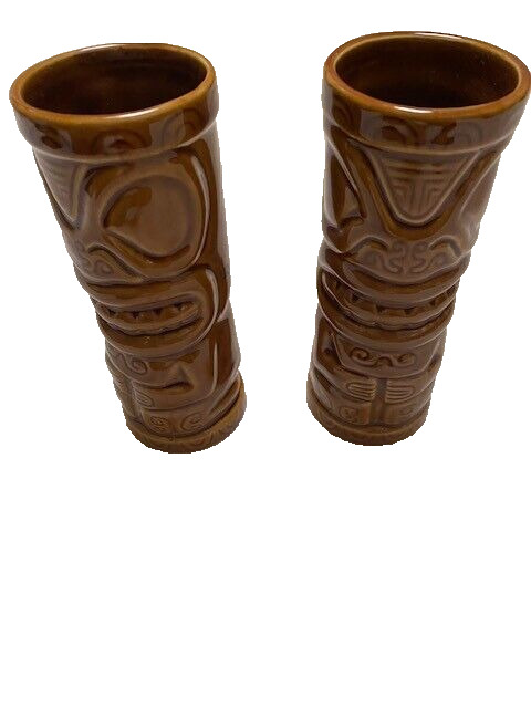 Royal Lahaina Resort Pair 2 Tiki Mugs Brown Ceramic 7 inch Tall Kaanapali Maui