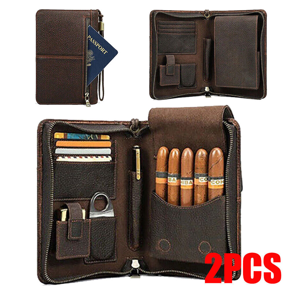 2PCS Genuine Leather Cigar Case Travel Bag Cigars Humidor 5 Tube Holder Box US
